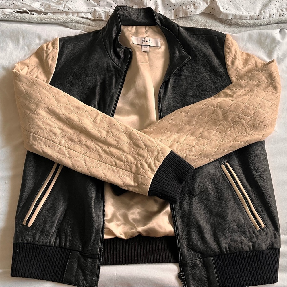 Danier Leather black and beige bomber jacket